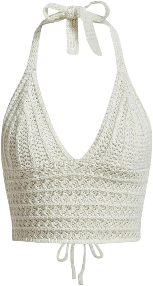 Women Lace Up Backless Crochet Crop Halter Top Y2k Slim Fit Sleeveless V Neck Self Tie Back Knit ... | Amazon (US)