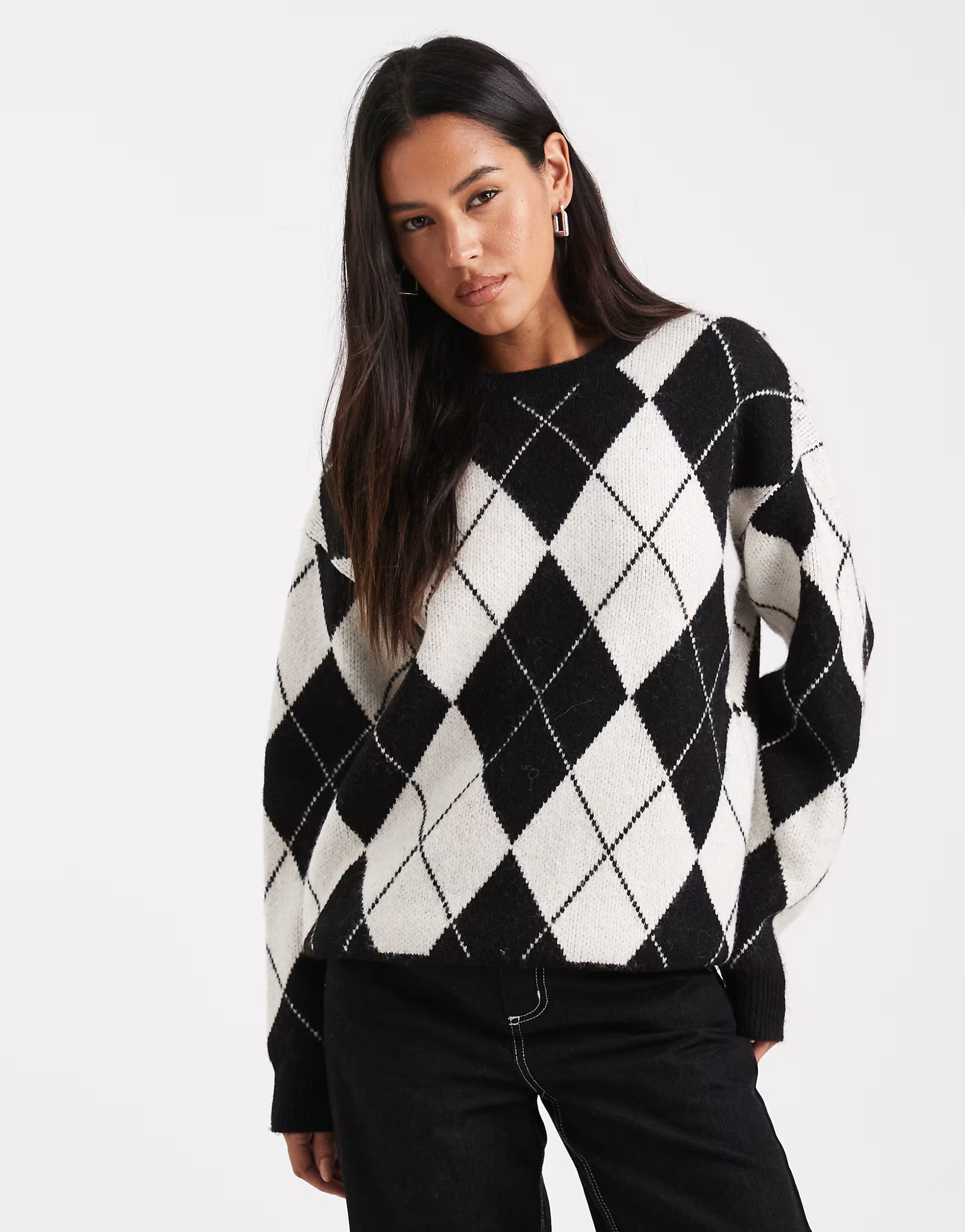 4th & Reckless wool blend crew neck oversized sweater in black and white argyle | ASOS | ASOS (Global)