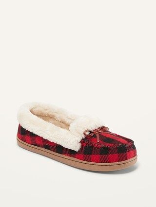 Plaid Faux-Fur Trim Moccasin Slippers For Women | Old Navy (US)