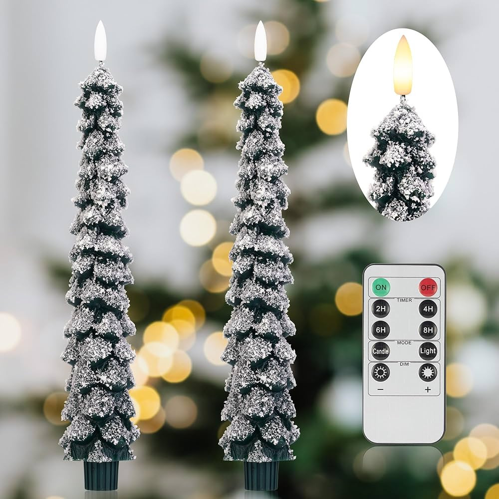Christmas Tree Candles with 3D Wick, 11.4" Green Real Wax Flameless Taper Candles with Remote, Fl... | Amazon (US)