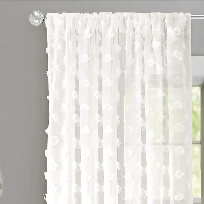 DriftAway Olivia White Voile Chiffon Sheer Window Curtains Embroidered with Pom Pom 2 Panels Rod ... | Amazon (US)