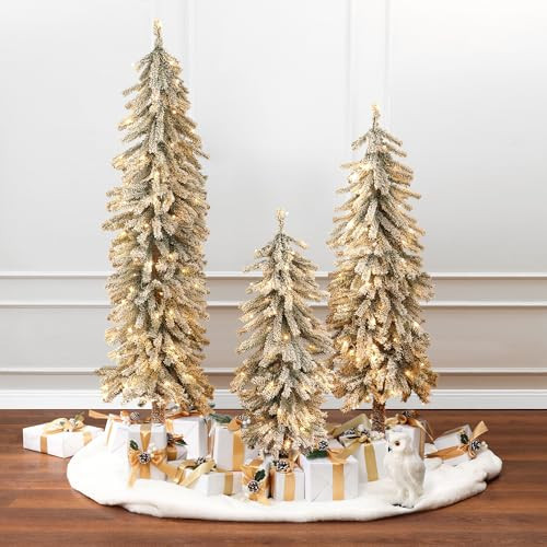 LuxenHome Set of 3 Slim Flocked Christmas Tree, 3’ 4’ 5’ Prelit Fir Small Christmas Tree with Lights, 3 PCs Artificial Trees with 50/85/120 Lights, Faux Xmas Trees Indoor, Outdoor Holiday Decor | Amazon (US)