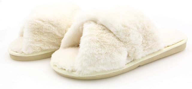 Women's Cross Band Soft Plush Fuzzy House/Indoor Slippers,Open Toe Faux Fur Fluffy Flats Slippers Wa | Amazon (CA)