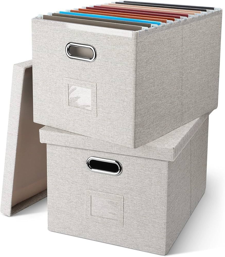 Graciadeco Beige Hanging File Box with Lid, 2 Pack Decorative Letter Legal File Box With a Lid, C... | Amazon (US)