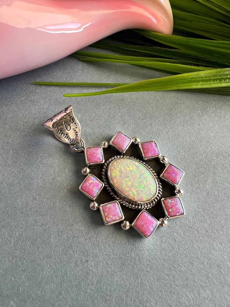 Handcrafted Pink & White Opal 925 Sterling Silver Southwest Cluster Pendant - Etsy | Etsy (US)