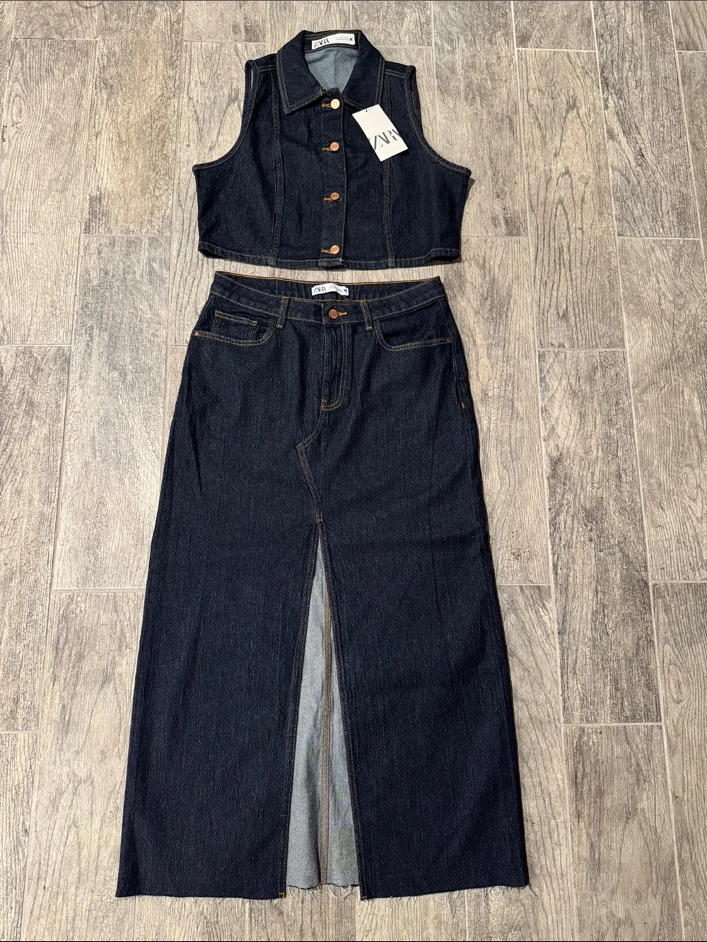 Zara Dark Indigo Denim Crop Vest & Maxi Skirt Set | Poshmark