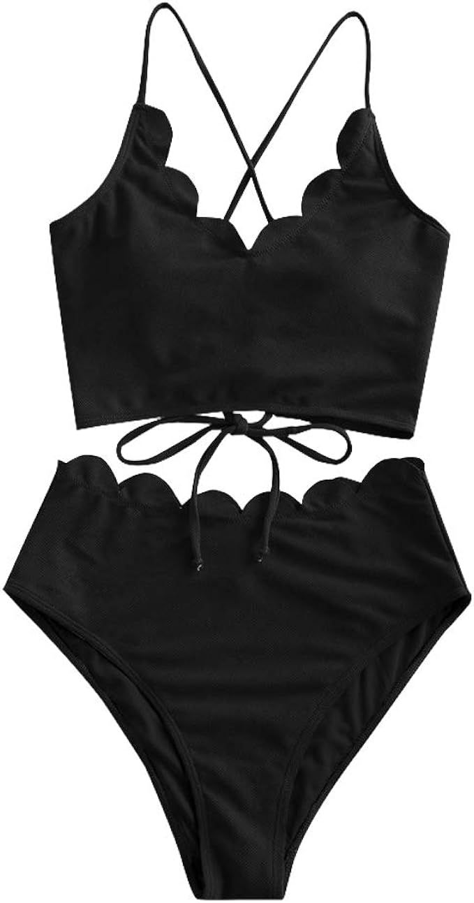 ZAFUL Women's High Waisted Wide Strap Adjustable Back Lace-up Bikini Set Swimsuit | Amazon (US)