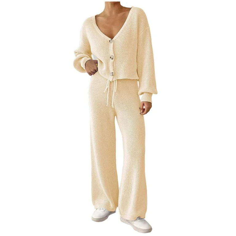 Cardigan Sweaters Sets for Women 2 Piece V Neck Button Open Front Drawstring Wide Leg Pants Casua... | Walmart (US)