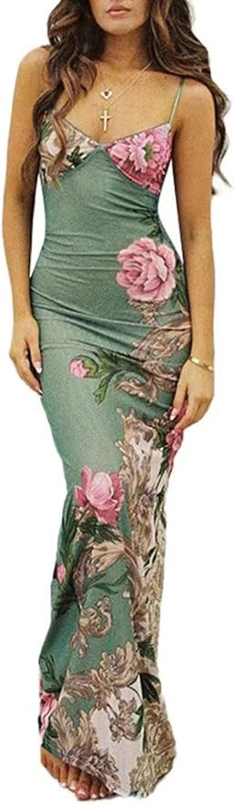 Women Vintage Spaghetti Strap Maxi Dress Sexy Low Cut Backless Floral Satin Slip Long Dress Y2k C... | Amazon (US)