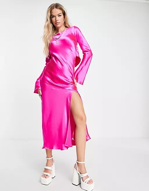 Topshop satin frill back occasion dress in pink | ASOS (Global)