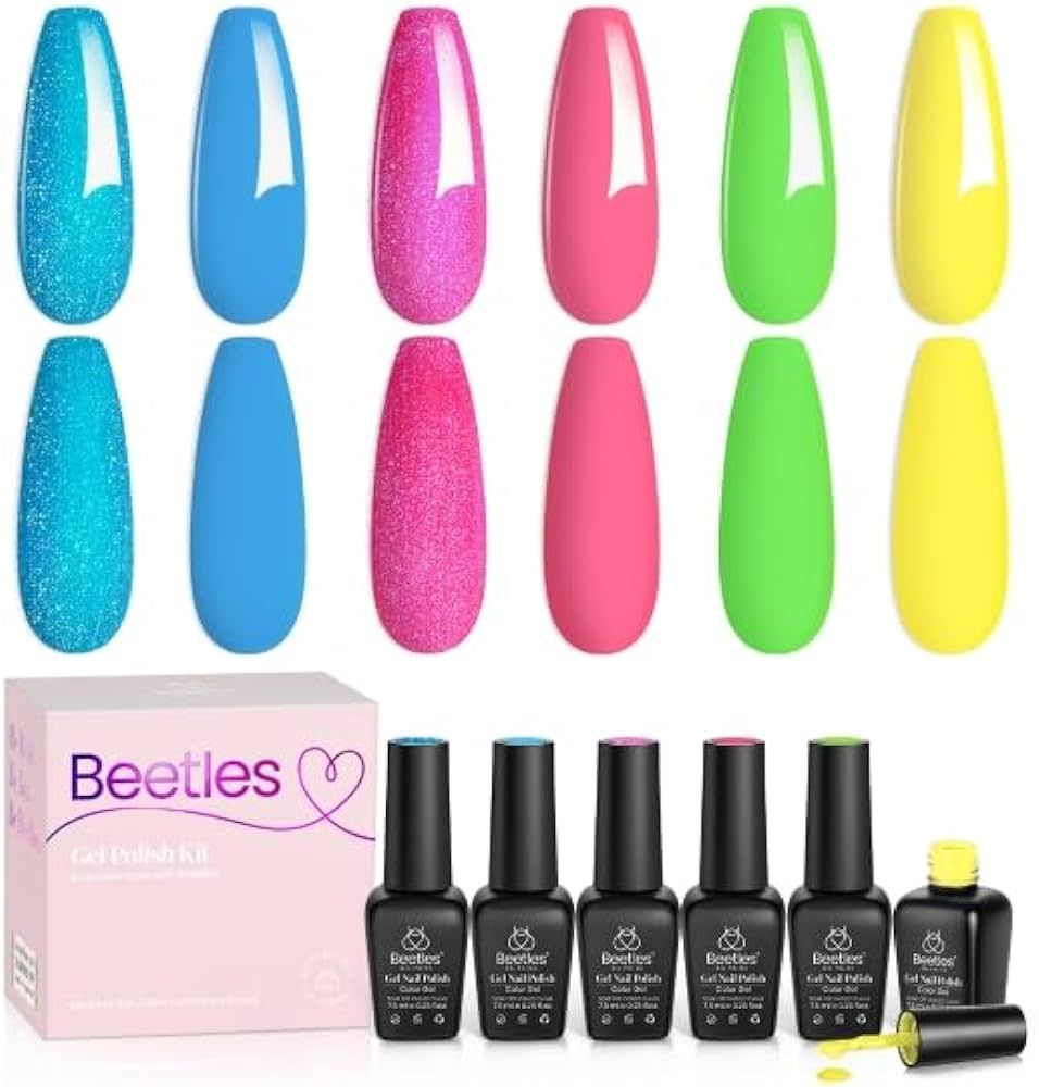 beetles Gel Polish 6 Pcs Neon Hot Pink Glitter Nail Set Green Gel Polish Blue Shimmer Crush Nail ... | Amazon (US)