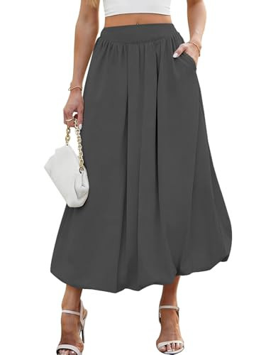 Bubble Skirt for Women High Waisted Ruffled Cute Casual Dressy Maxi with Pockets Summer Going Out Skirt Dark Grey M | Amazon (US)