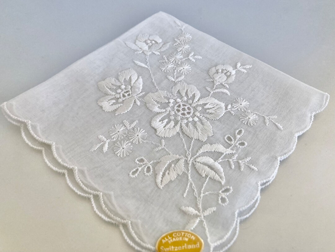 Vintage White on White Embroidered Floral Hankie - Etsy | Etsy (US)
