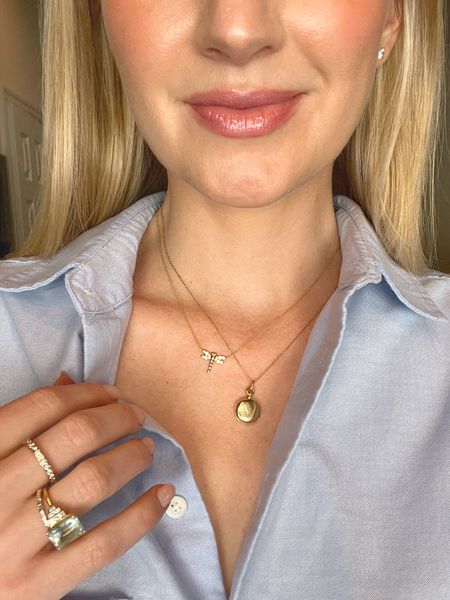Dragonfly, diamond necklace, small, gold, locket, necklace, oversized Oxford blue button down  (in a size small), NARS lipstick in the color “mythic red”. #finejewelry #valentinesday 

#LTKGiftGuide #LTKbeauty #LTKSeasonal