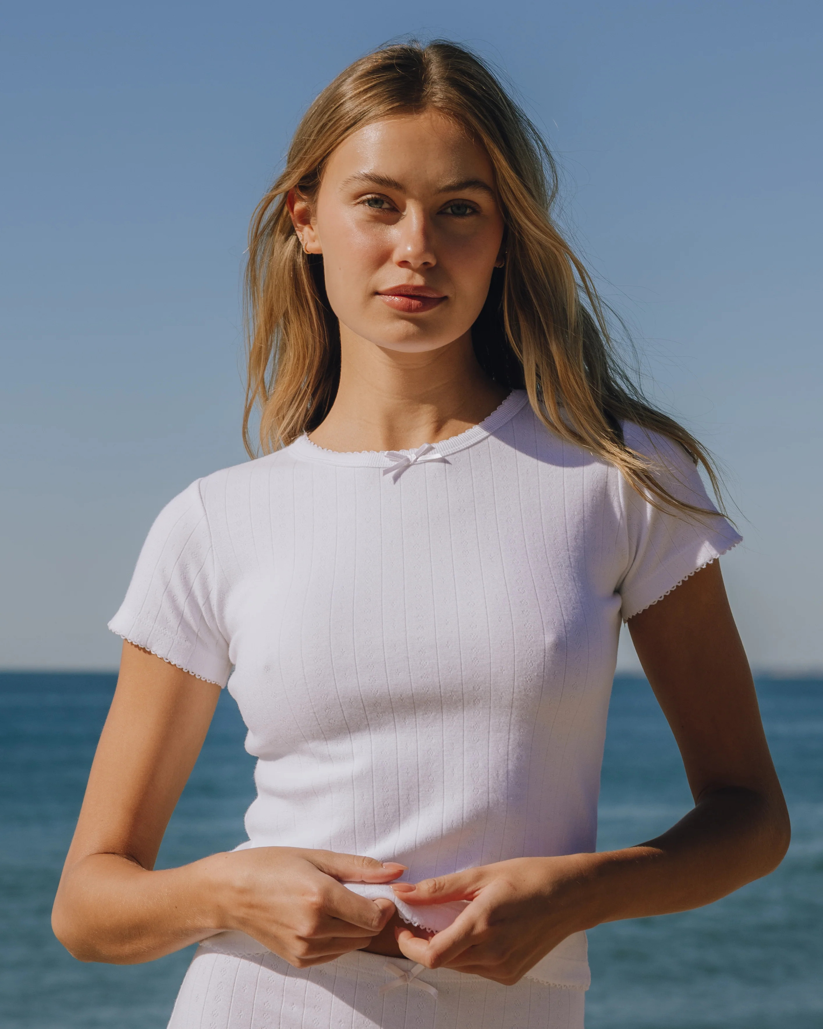 Pointelle Baby Tee with Trim - White | Daily Drills