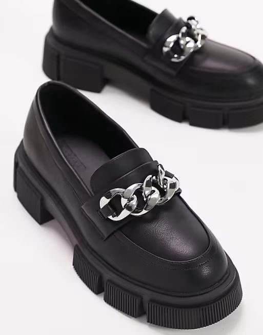 Topshop Wide Fit Lilah chunky loafer with chain detail in black | ASOS (Global)