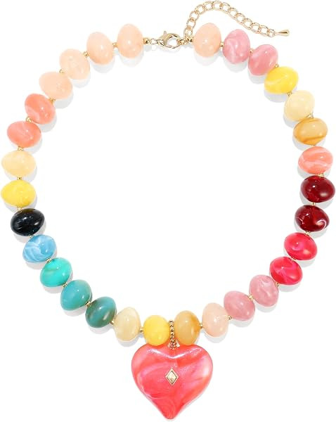 Chunky Heart Necklace for Women, Colorful Acrylic Beaded Statement Puff Heart Necklace, Cute Boho... | Amazon (US)