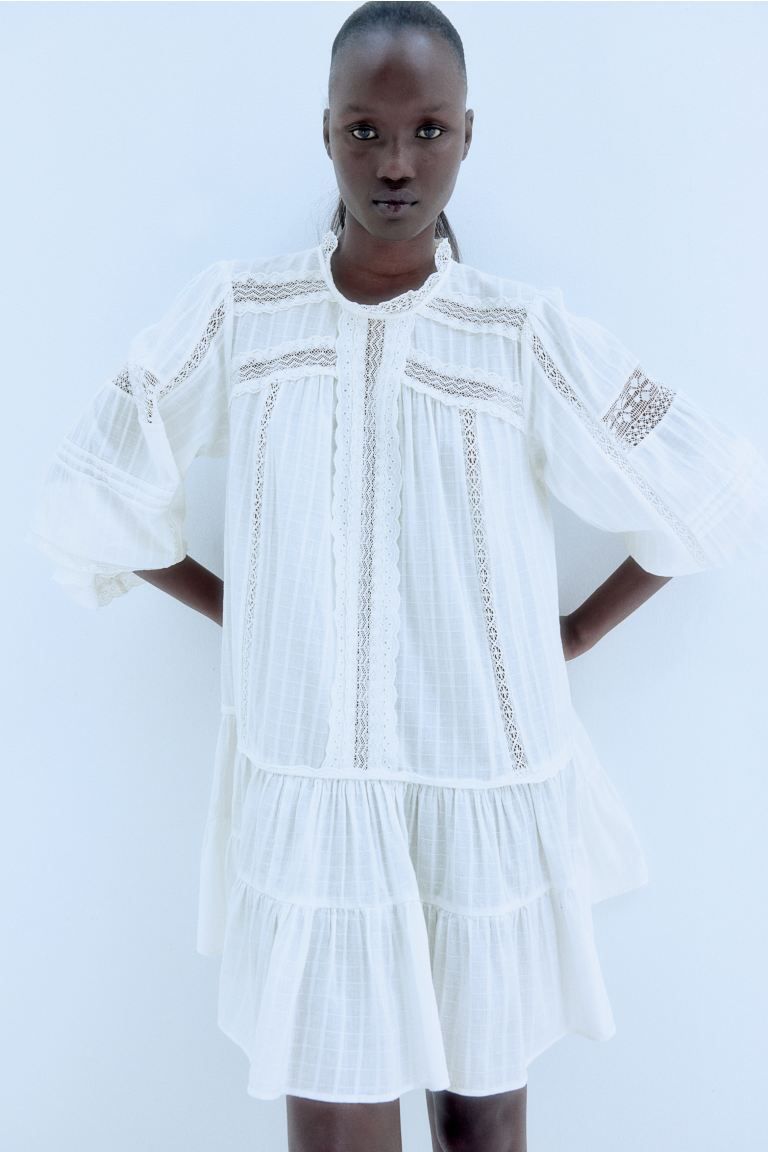 Lace-trimmed Cotton Dress - Round Neck - Long sleeve - White - Ladies | H&M US | H&M (US + CA)
