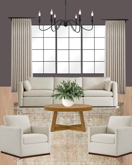 Living room mood board. Neutral home decor. Couch. Accent arm chair. Coffee table. Curtains. Chandelier. Area rug  

#LTKhome