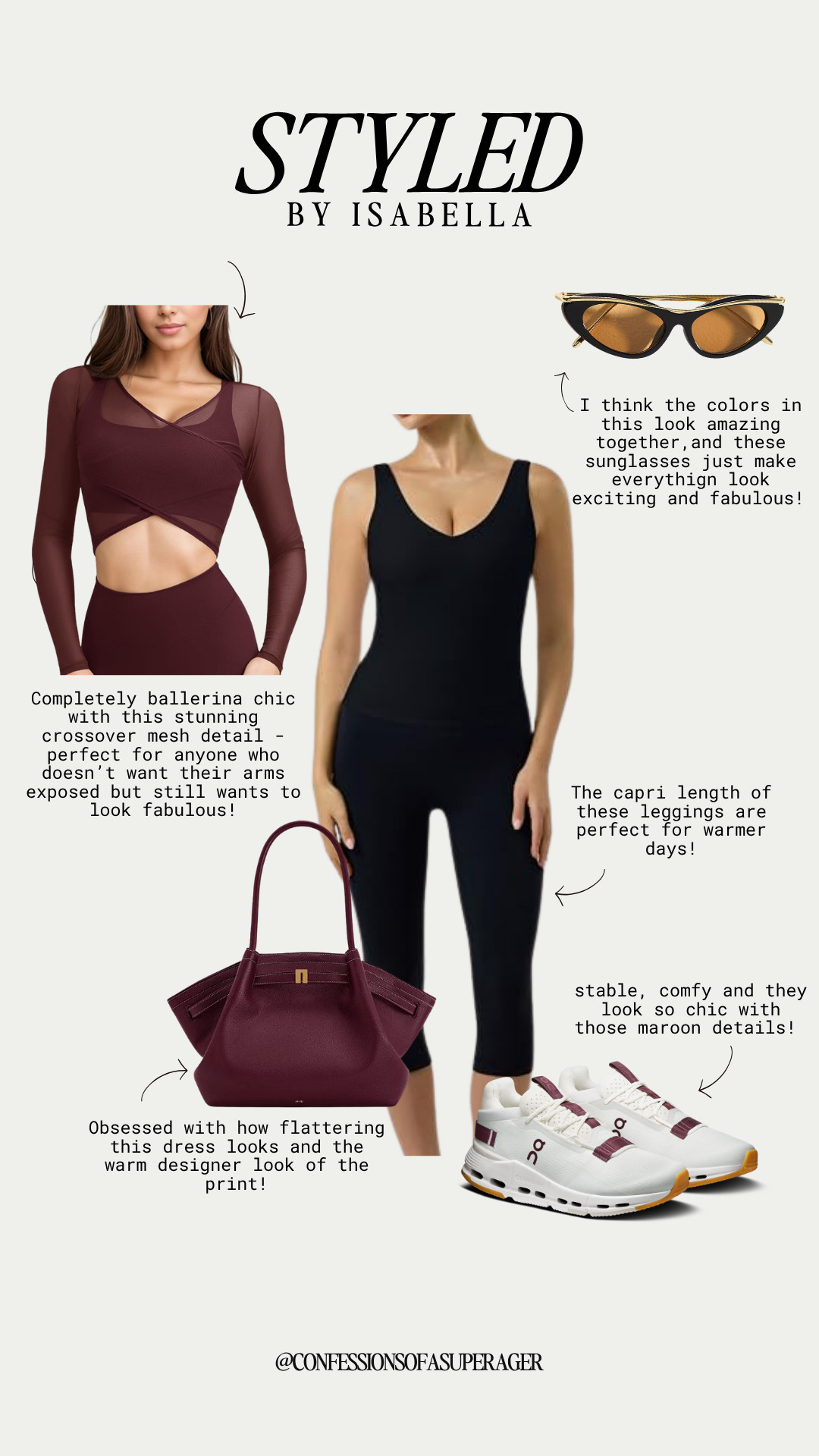 Balletcore meets elevated athleisure in this effortlessly chic workout look! 🤍 From the flattering crossover activewear top and sleek black capri leggings to the statement burgundy handbag, retro-inspired sneakers, and trending cat-eye sunglasses, these are the versatile pieces you'll wear from Pilates to coffee runs and weekend errands. Tap to shop my favorite fashion finds before they sell out! ✨ #LTKStyle #LTKFitness #AthleisureStyle #WorkoutOutfit #Activewear #PilatesStyle #GymStyle #TennisStyle #Balletcore #NeutralStyle #CapsuleWardrobe #EverydayStyle #SneakerStyle #LuxuryStyle #FashionOver40 #FashionOver50 #AgelessStyle #NordstromFinds #SummerStyle #ConfessionsOfASuperager

#LTKfitnessgoals #LTKActive #LTKSaleAlert