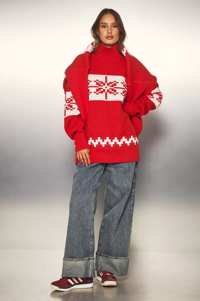 Premium Fairisle High Neck Oversized Knitted Sweater | boohoo (US & Canada)