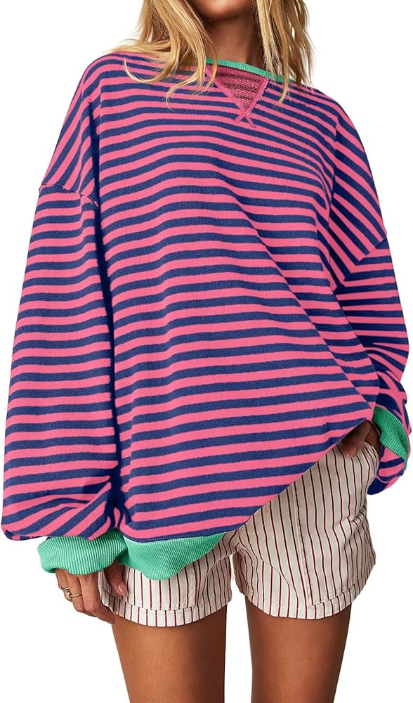 Fisoew Womens Striped Oversized Sweatshirt Color Block Crew Neck Long Sleeve Shirt Casual Loose P... | Amazon (US)