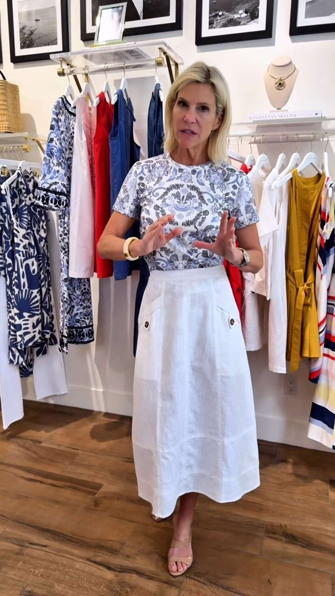 Blue & White Printed Top with White Skirt. 

 #LTKootd #LTKSeasonal #LTKOver40