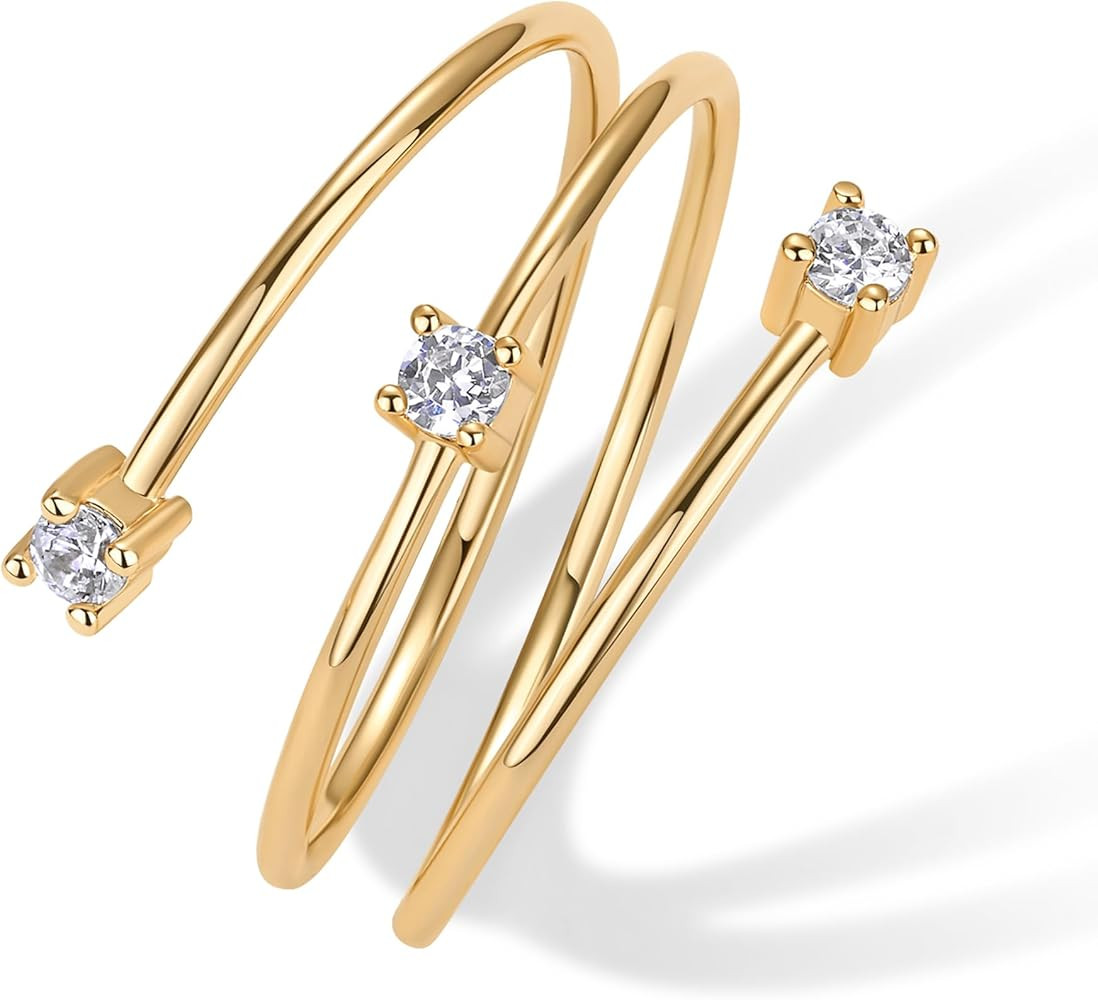 PAVOI 14K Gold Plated Dainty Wrap Ring for Women - Thin Spiral Band with Cubic Zirconia - Minimalist Dainty Open Rings for Women - Wrap Around Bands Trendy Fashion Jewelry | Amazon (US)