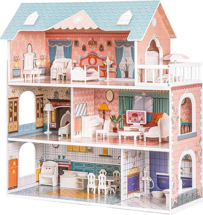 ROBUD Wooden Dollhouse for Kids Girls, Toy Gift for 3 4 5 6 Years Old, with Furniture | Amazon (US)