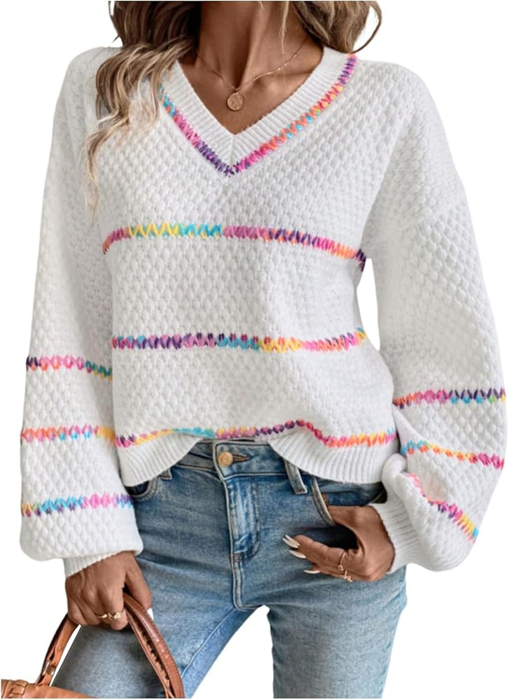 Verdusa Women's Striped Oversized Sweaters Cozy Pullover V Neck Knit Sweater Fall Winter Clothes | Amazon (US)
