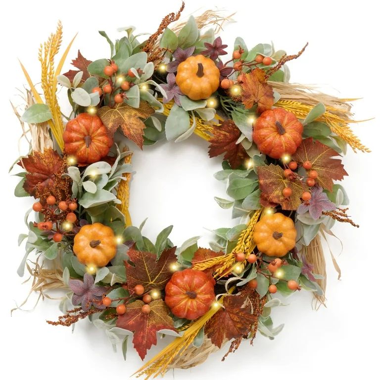 Valery Madelyn 24 Inches Pre-Lit Fall Wreath Lighted Harvest Wreath with Orange Thanksgiving Wrea... | Walmart (US)