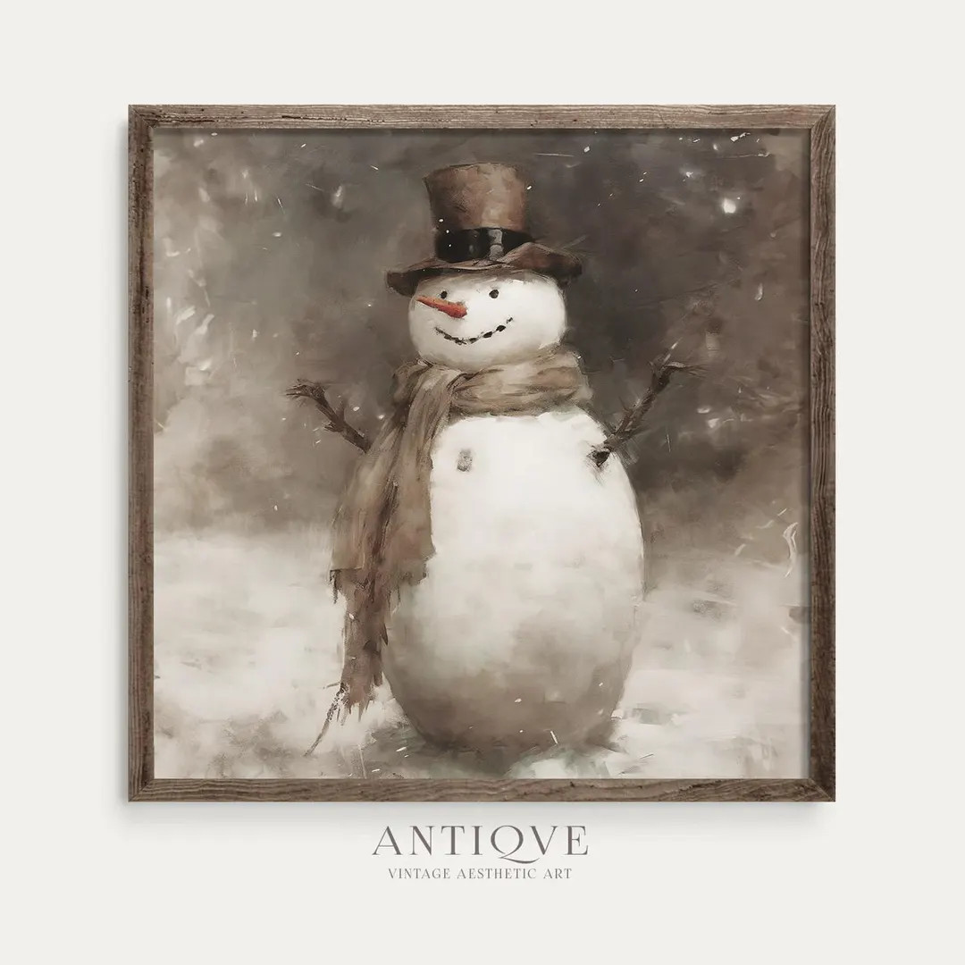SQUARE Winter Snowman Painting | Snow Man | Rustic Christmas Decor | Farmhouse | Digital Download... | Etsy (US)
