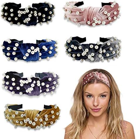 Pearl Headband for Women - 6 Pack Knot Headband with Pearls Wide Headbands Turban Velvet Pearl He... | Amazon (US)