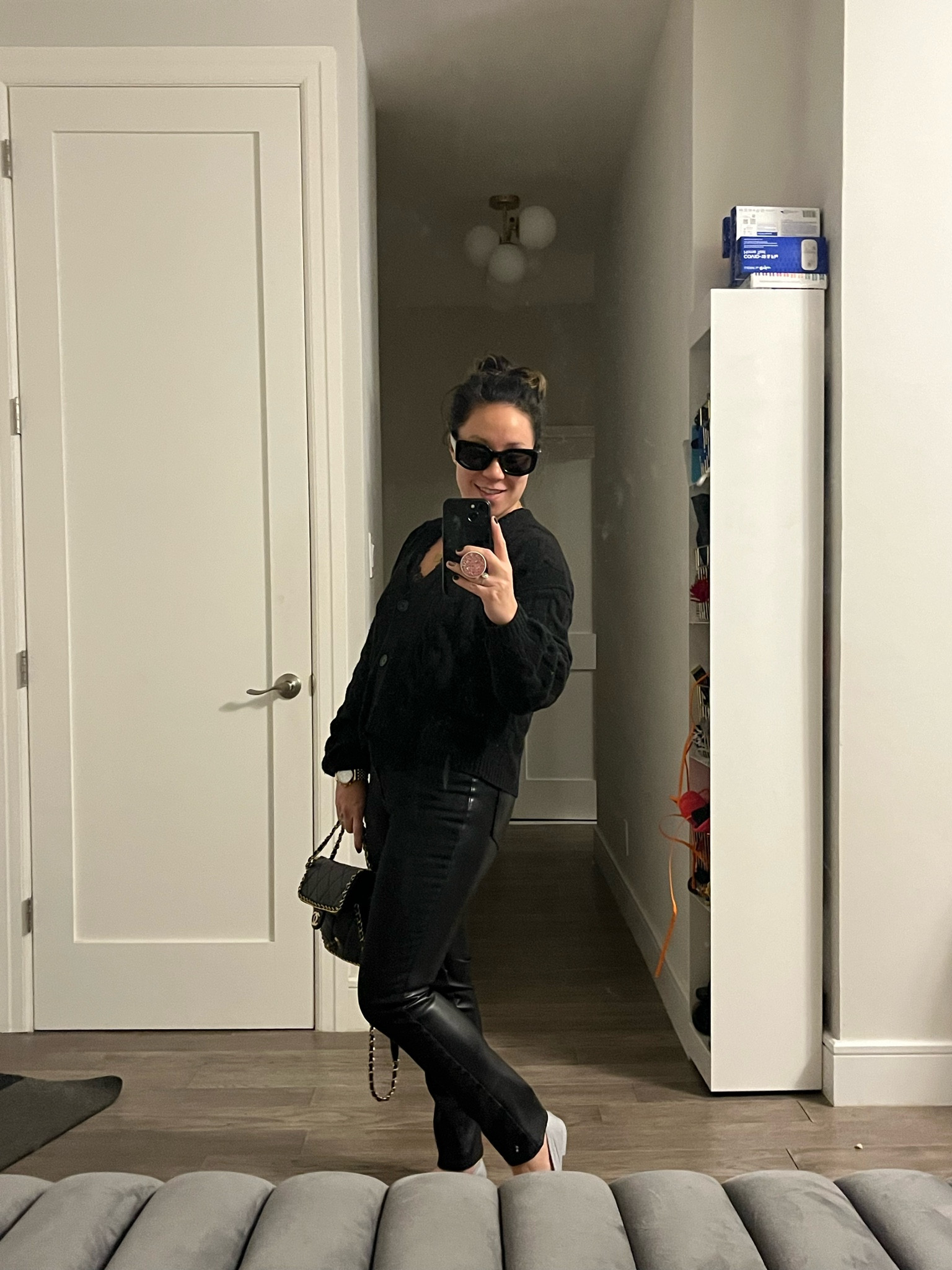 Party in the back. Love these pants. Denim front, faux leather back. True to size. I’m wearing a 2. High rise waist. Slim. Straight leg. Cardigan is super soft. I’m wearing an xxs. 

#LTKWorkwear #LTKFindsUnder50 #LTKFindsUnder100