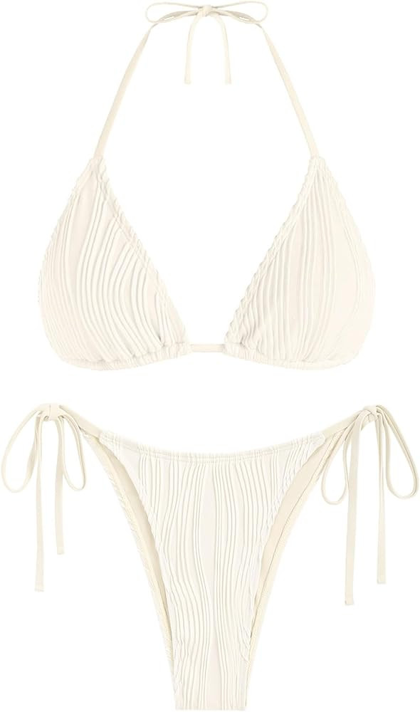 ZAFUL Textured Halter Bikini for Women 2 Piece Triangle Bikini Sets Sexy High Cut Bathing Suit Si... | Amazon (US)