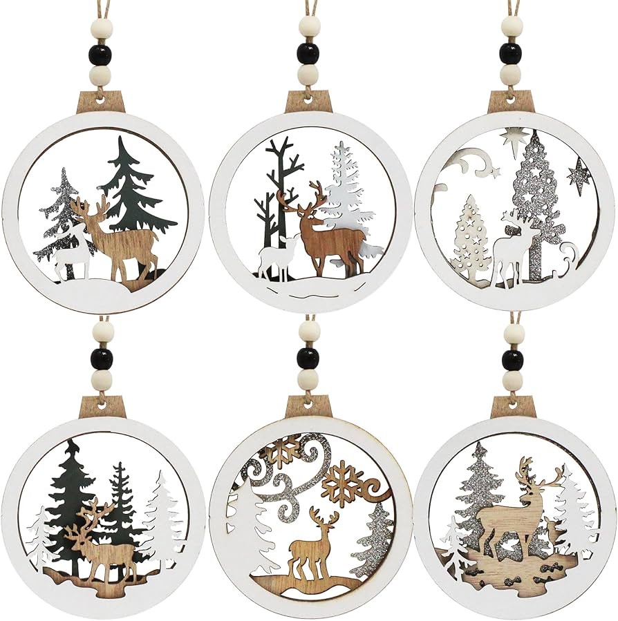 JOIEDOMI 6 Pcs Christmas Wooden Ornaments, Christmas Farmhouse Rustic Reindeer, Hanging Wood Orna... | Amazon (US)