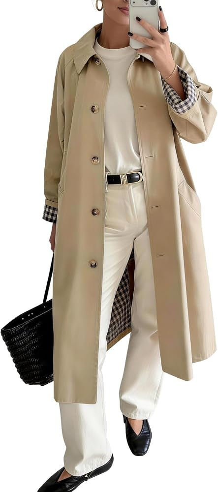 Kissonic Womens Long Trench Coat Classic Windproof Plaid Lining Overcoat | Amazon (US)