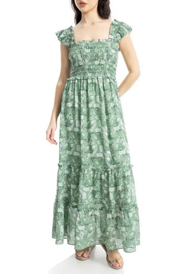 MAX STUDIO Smocked Tiered Maxi Dress in Green Vintage Berry Toile at Nordstrom Rack, Size Large | Nordstrom Rack