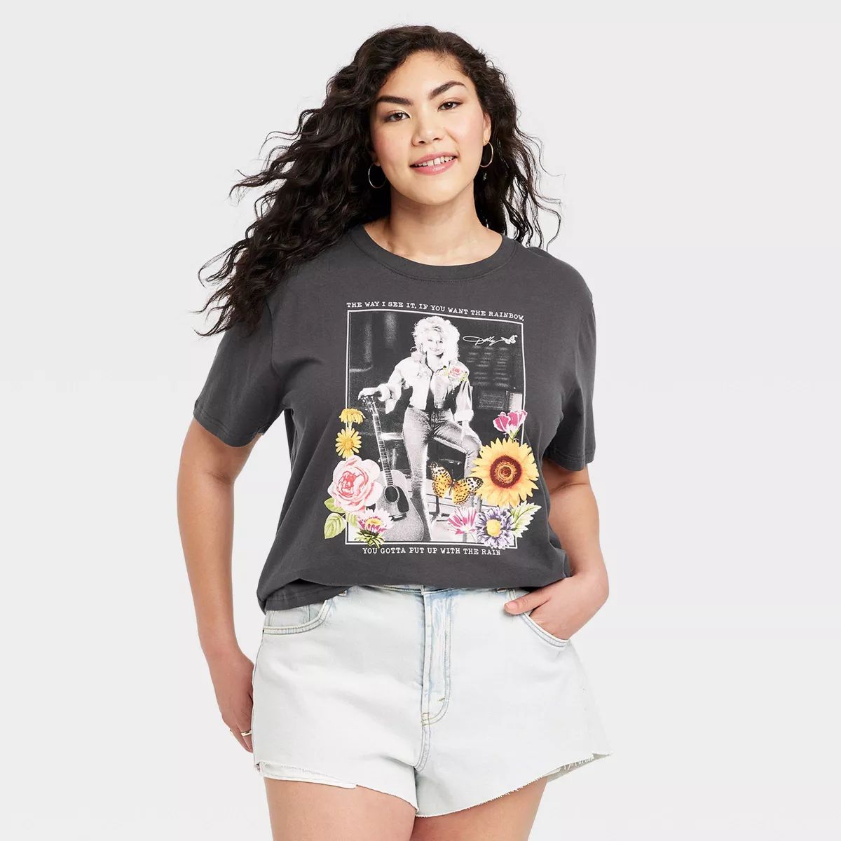 Women's Dolly Parton Floral Short Sleeve Graphic T-Shirt - Black | Target