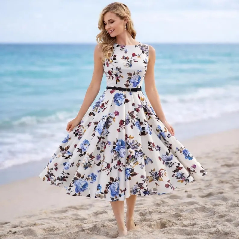 Summer Floral Midi Dress, Boho Maxi Cocktail Dress, Vintage Sleeveless Swing Party Dress, Flowy V... | Etsy (US)