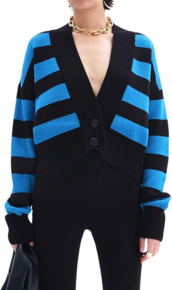 chouyatou Women's V-Neck Button Down Striped Cardigan Sweater Fall Cute Knit Crop Cardigan Top | Amazon (US)