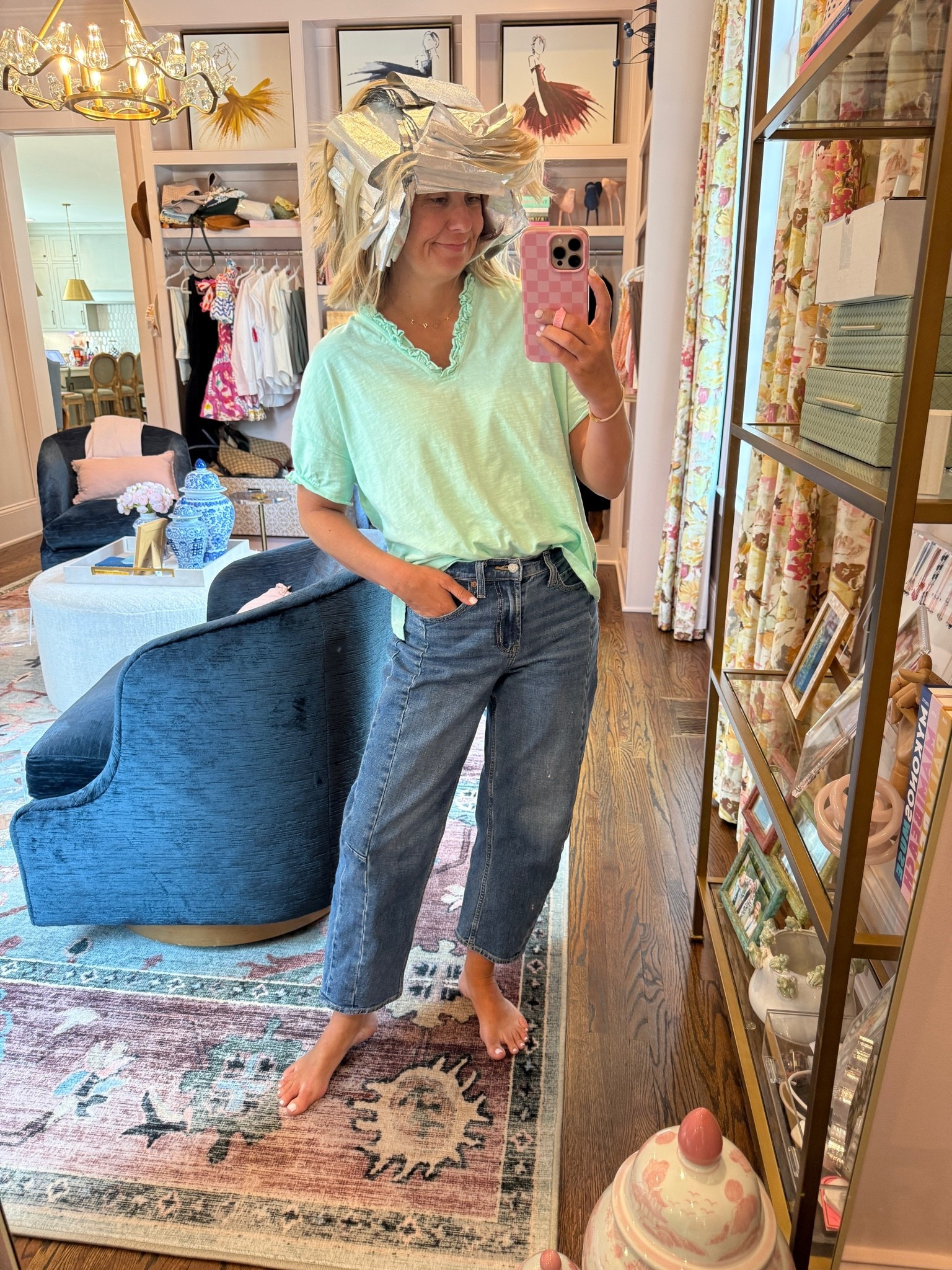 OOTD on hair day! Ha 

Size P in the top (use code Catherine15)
0P jeans

#LTKdayinmylife #LTKootd #LTKOver40