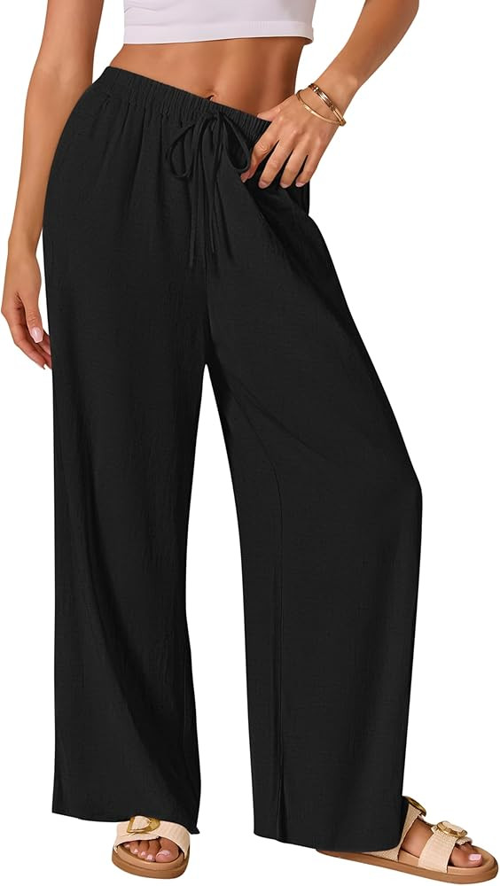 AISEW Women's Cotton Linen Palazzo Pants Drawstring Elastic Waist Casual Wide Leg Long Lounge Tro... | Amazon (US)