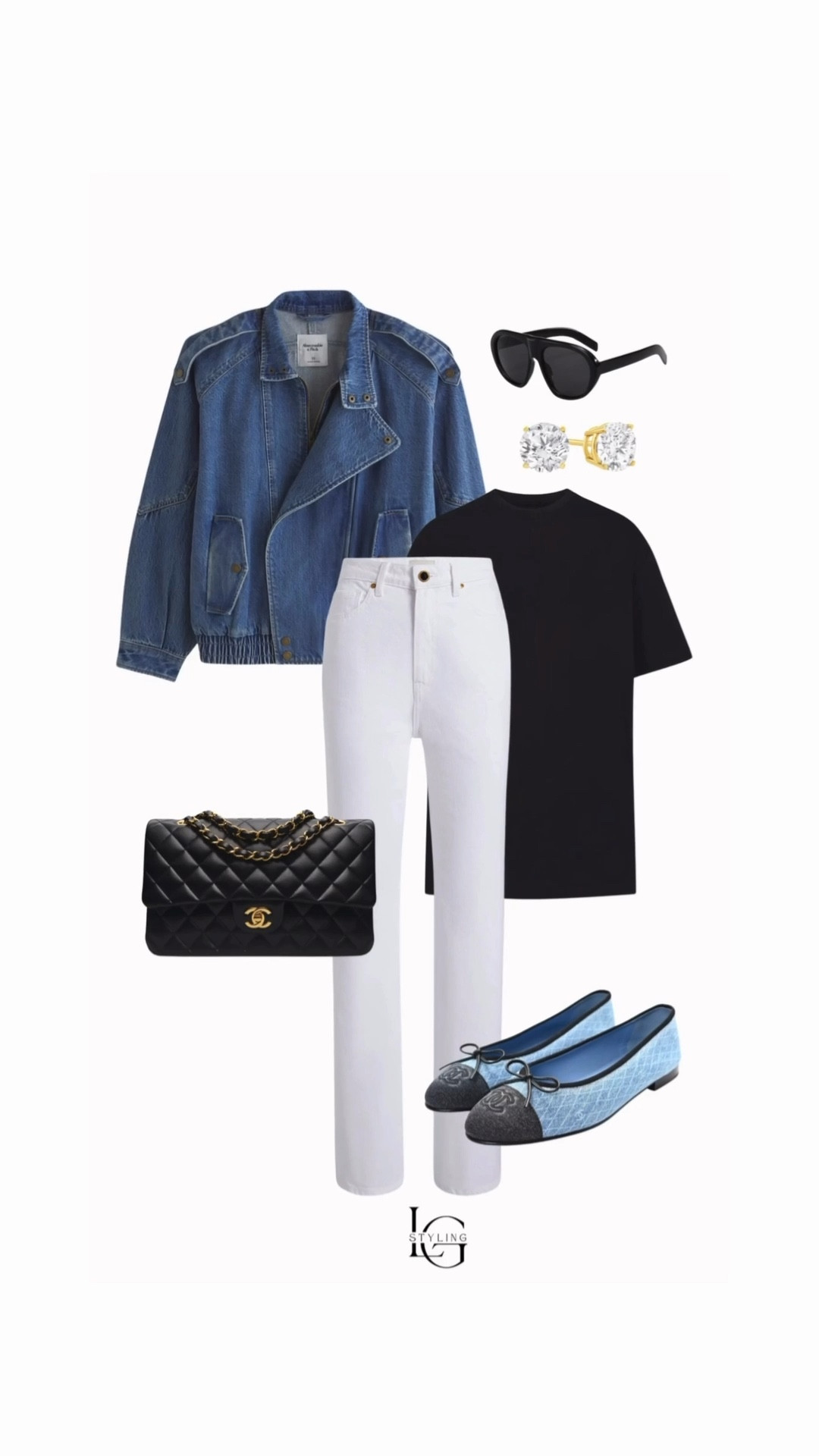 Elevated everyday styling with a fresh spring palette 🤍💙
This look is all about balancing crisp neutrals with soft denim textures for an effortless, pulled-together outfit that works for everything from casual meetings to weekend plans.

A classic black tee keeps the base clean and minimal, paired with tailored white straight-leg denim for that polished foundation. The cropped denim jacket adds structure while keeping the look relaxed and approachable—perfect for transitional weather.

Accessories bring in that quiet luxury feel: quilted chain bag, timeless ballet flats, and simple diamond studs for just the right amount of refinement. Finished with black sunglasses for an easy, chic edge.

Perfect example of high-low styling—investment accessories mixed with everyday staples you’ll wear on repeat.

#LTKStyle #LTKSpring #LTKSeasonal #SpringOutfits #EverydayStyle #ChicMinimalStyle #DenimJacket #WhiteDenim #BalletFlats #CapsuleWardrobe #ClassicStyle #EffortlessOutfits