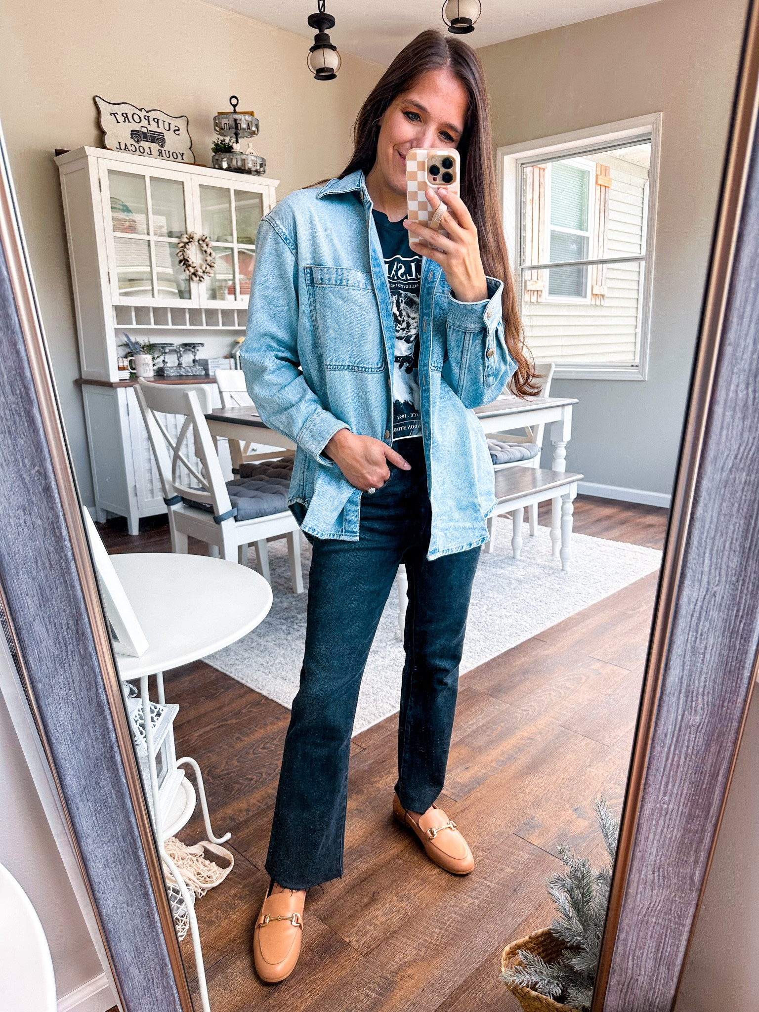 NSale in stock pieces! 
Denim Shacket xxs 
Graphic tee XS
Pants tts petite loafers tts 

#LTKxNSale #LTKFindsUnder50 #LTKStyleTip