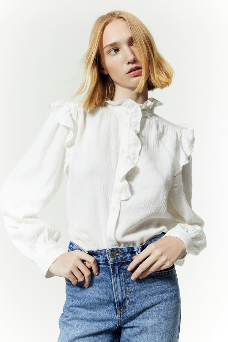 Ruffle-trimmed Muslin Blouse - White - Ladies | H&M US | H&M (US + CA)