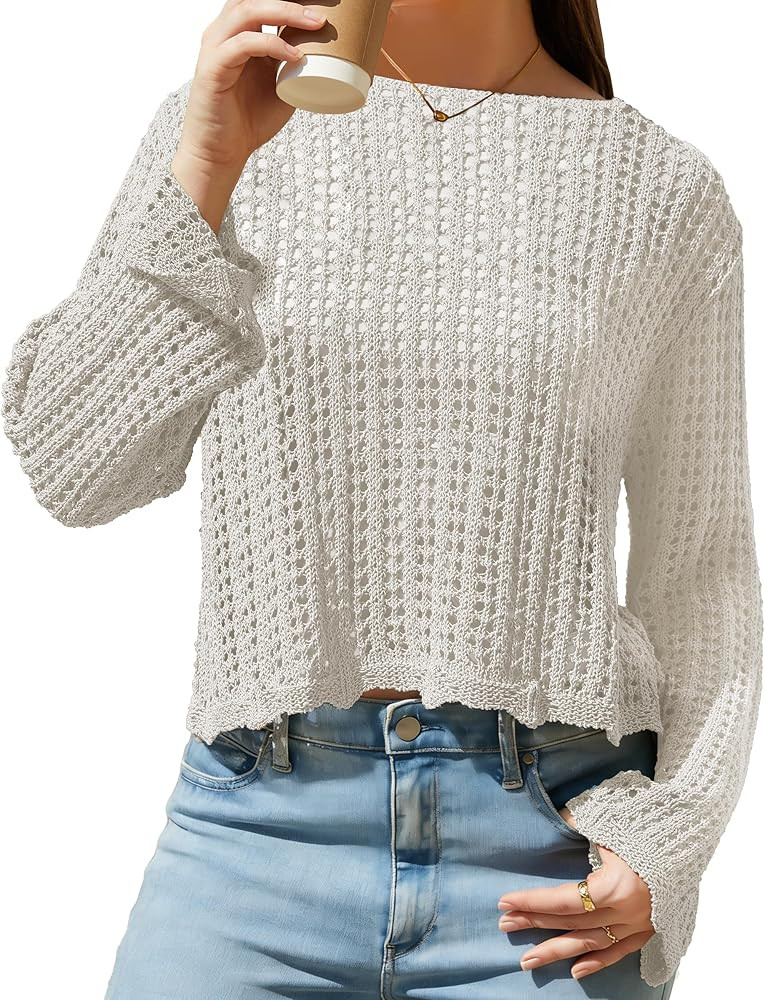 Women's Crochet Pullover Sweaters Cover Up Soft Hollow Out Cropped Beach Swim Coverup, Boat Neck ... | Amazon (US)