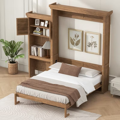 GDFStudio Thurber Queen Size Wood Murphy Bed with Storage Shelves, Brown | Target