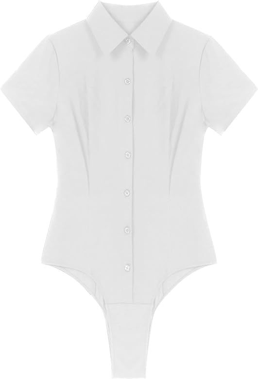 Haitryli Women Short Sleeve Button Down Casual Jumpsuit Shirt Lapel Slim Fit Solid Bodysuit Office W | Amazon (US)