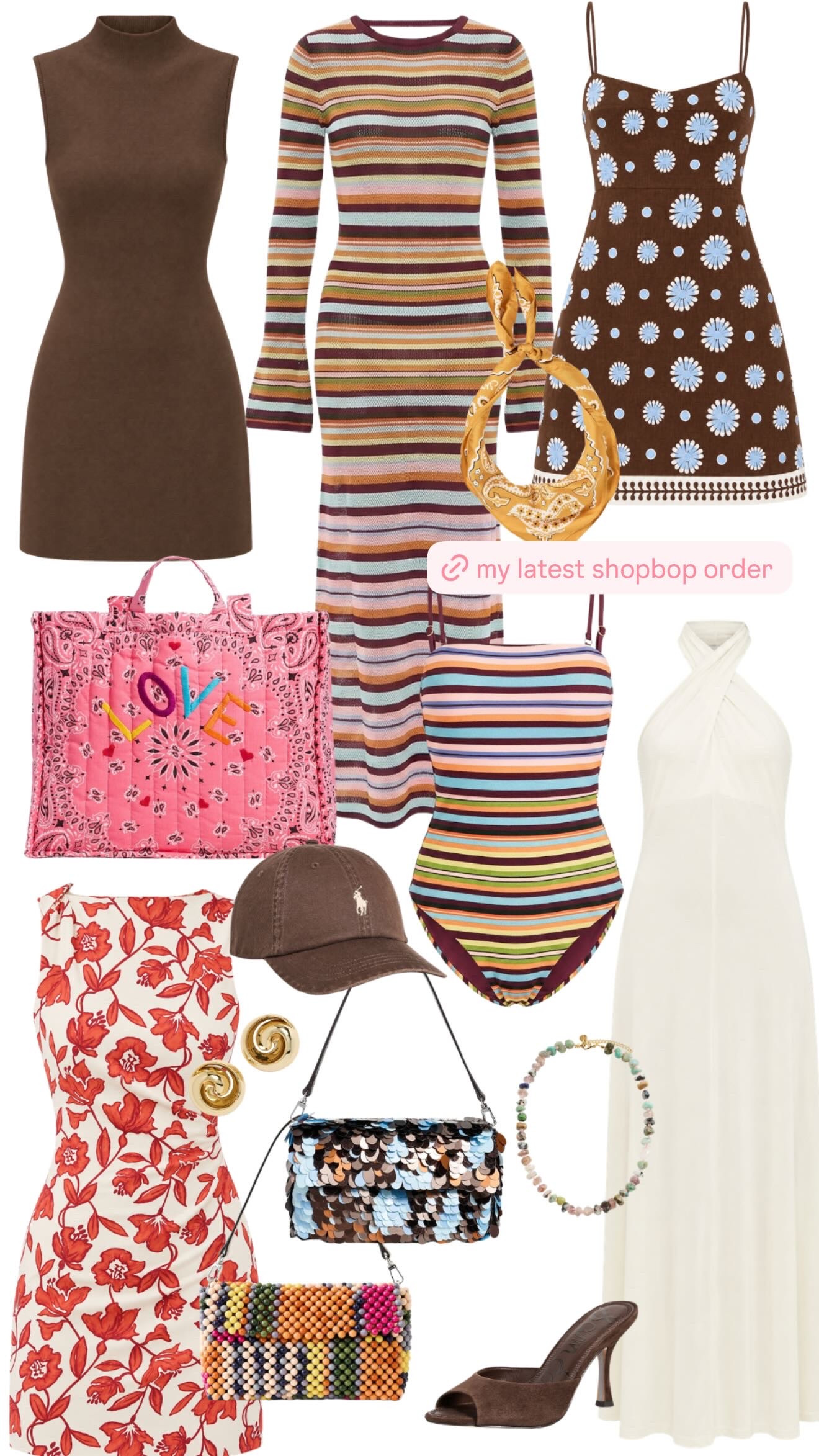 my latest shopbop order is VERY fun! a mix of late-summer pieces, fall color, and a few statement accessories i could not resist. i’m especially into the chocolate mini, the striped knit dress, the floral mini, and the little bags because they all feel easy to wear now but still work heading into fall. also had to throw in a few vacation-y pieces, a good white dress, and some fun accessories because apparently restraint was not part of this order.  

 #LTKSeasonal